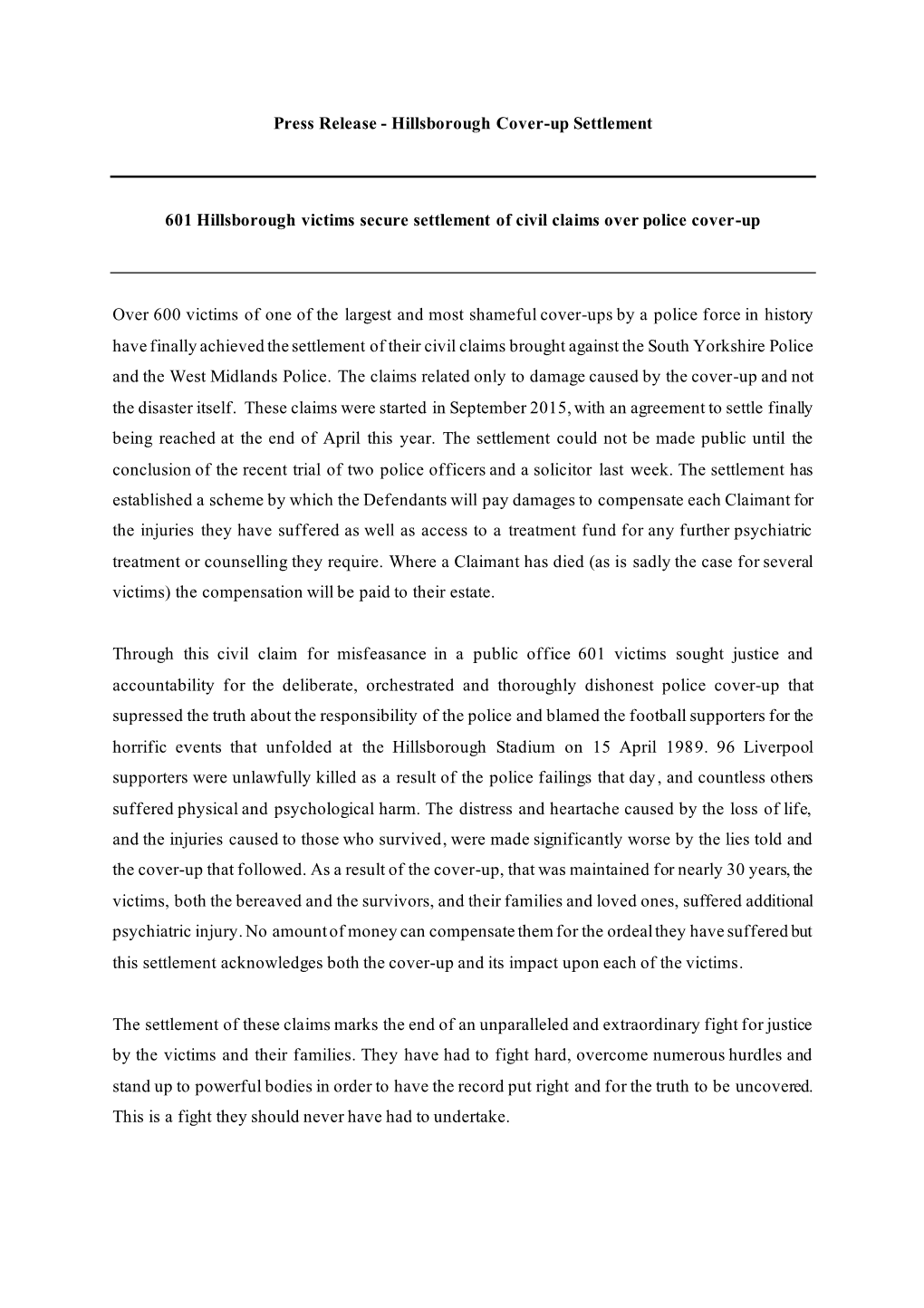 Press Release - Hillsborough Cover-Up Settlement