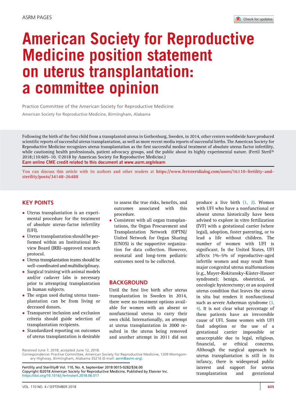 American Society for Reproductive Medicine Position Statement on Uterus Transplantation: a Committee Opinion