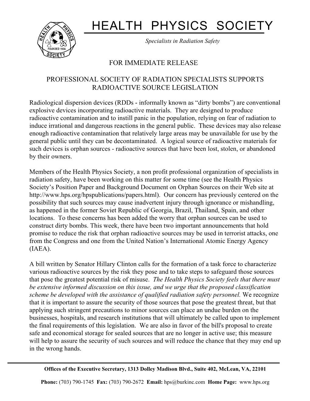 Society Press Release Supporting Radioactive Source Legislation