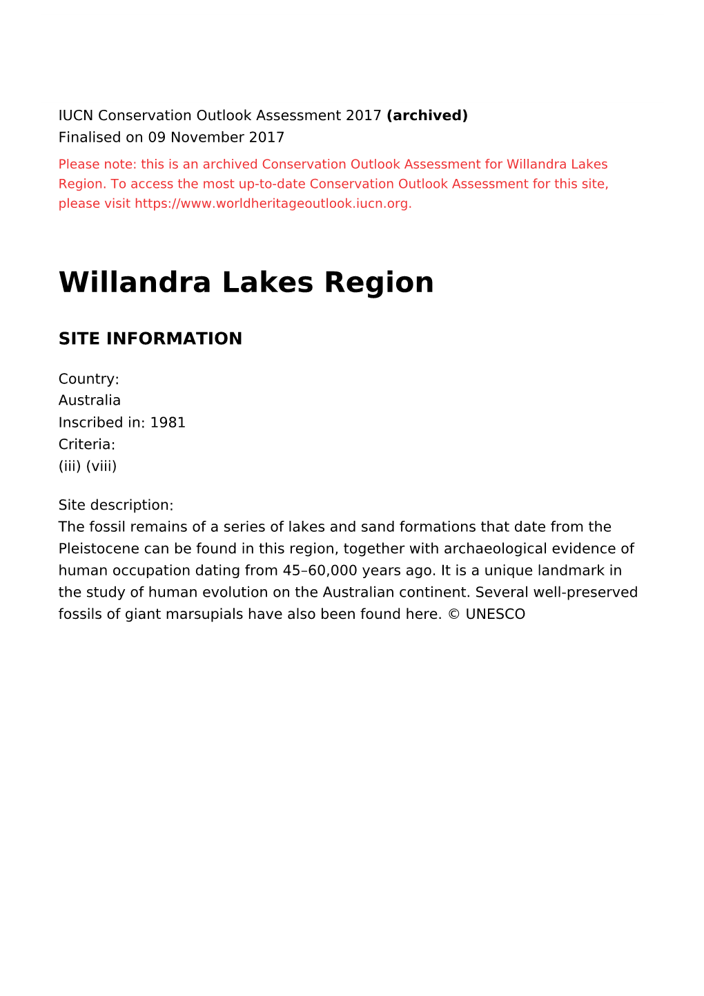 Willandra Lakes Region - 2017 Conservation Outlook Assessment (Archived)