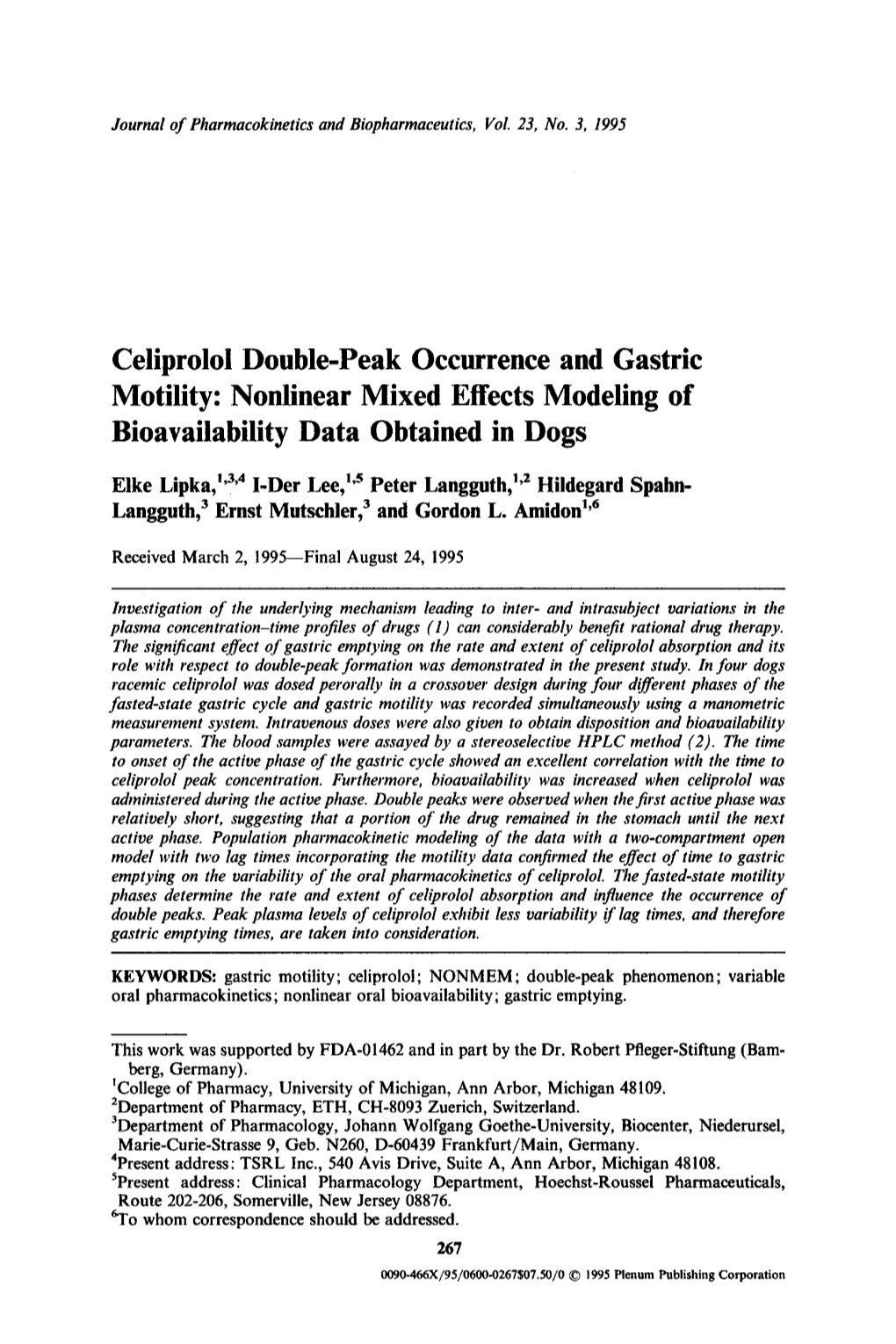 Celiprolol Double-Peak Occurrence and Gastric Motility: Nonlinear Mixed Effects Modeling of Bioavailability Data Obtained in Dogs