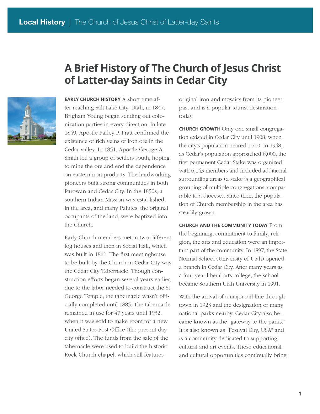 History of the Church in Cedar City