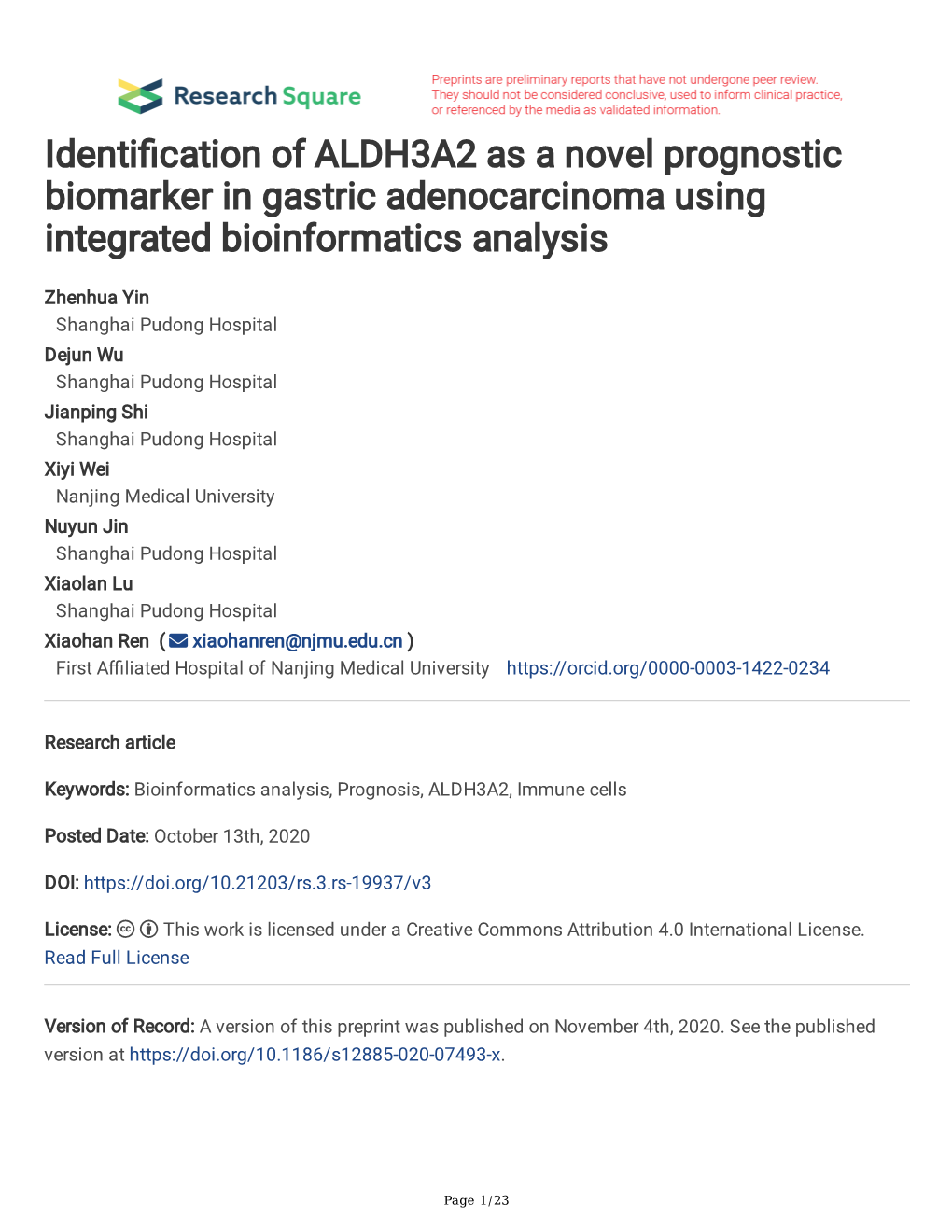 Identi Cation of ALDH3A2 As a Novel Prognostic Biomarker in Gastric