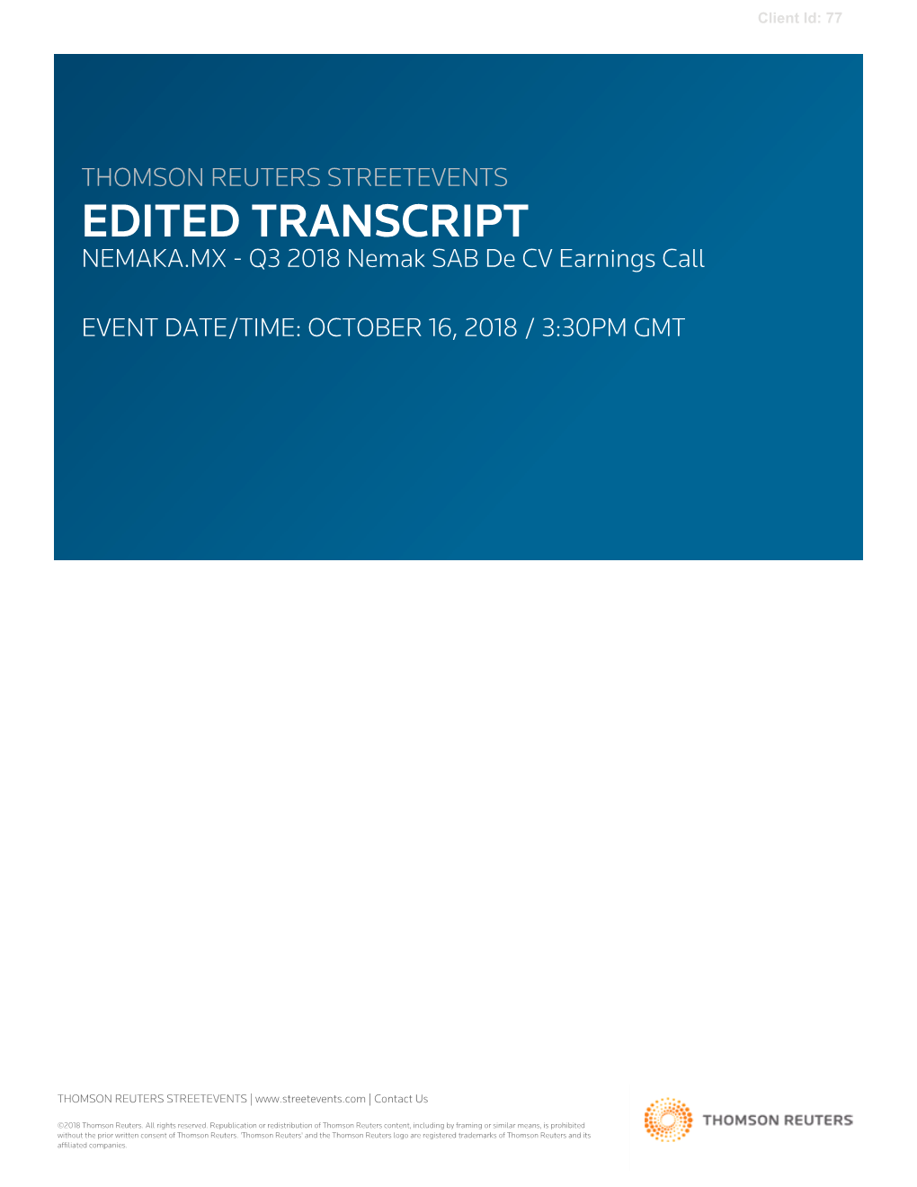 Q3 2018 Nemak SAB De CV Earnings Call on October 16, 2018 / 3:30PM