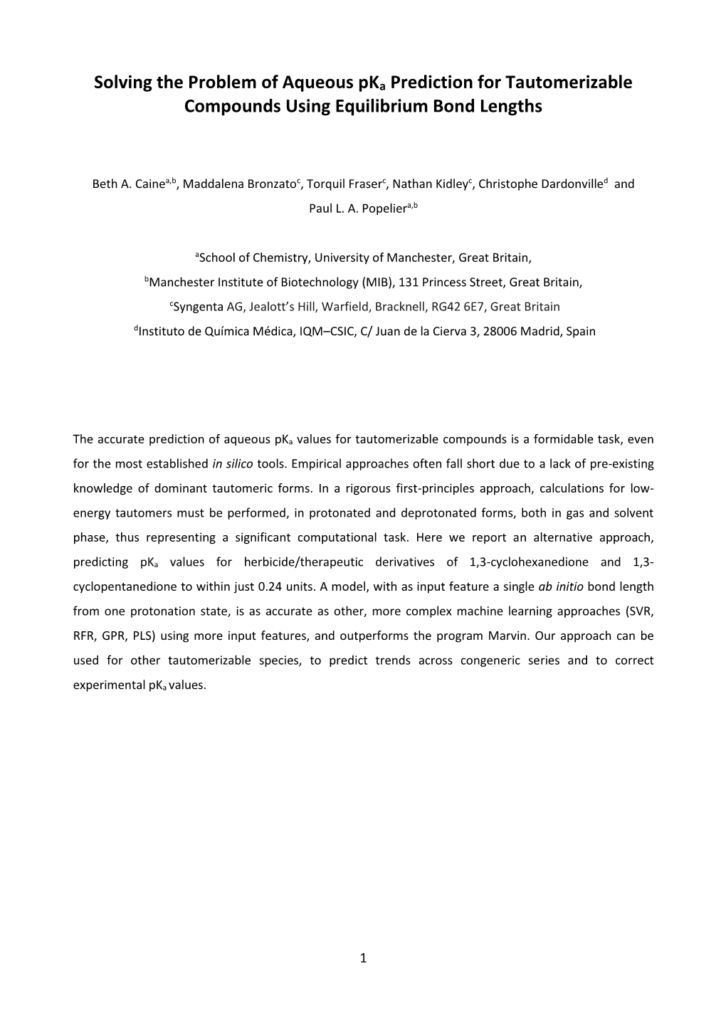 Solving the Problem of Aqueous Pka Prediction for Tautomerizable Compounds Using Equilibrium Bond Lengths