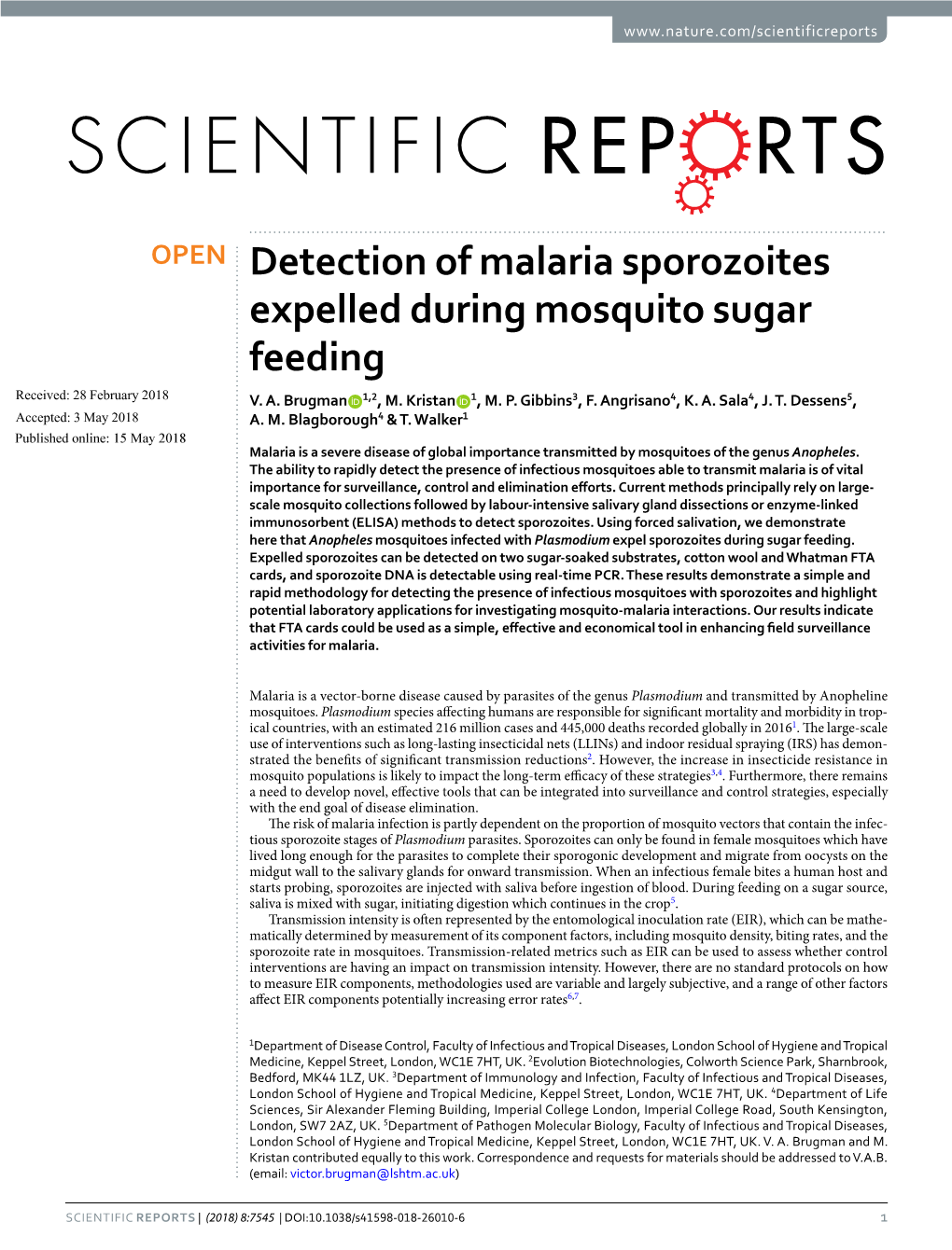 Detection of Malaria Sporozoites Expelled During Mosquito Sugar Feeding Received: 28 February 2018 V