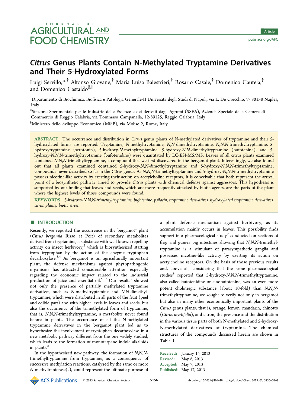 Citrus Genus Plants Contain N‑Methylated Tryptamine Derivatives