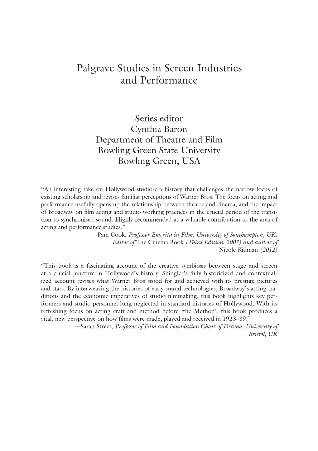 Palgrave Studies in Screen Industries and Performance