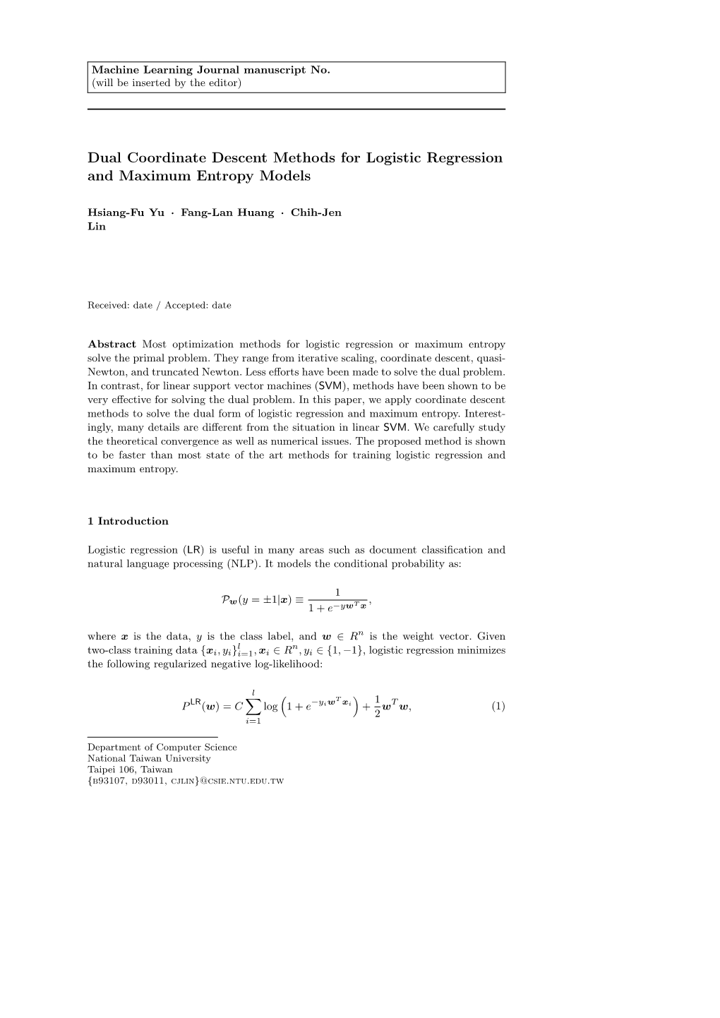 Dual Coordinate Descent Methods for Logistic Regression and Maximum Entropy Models