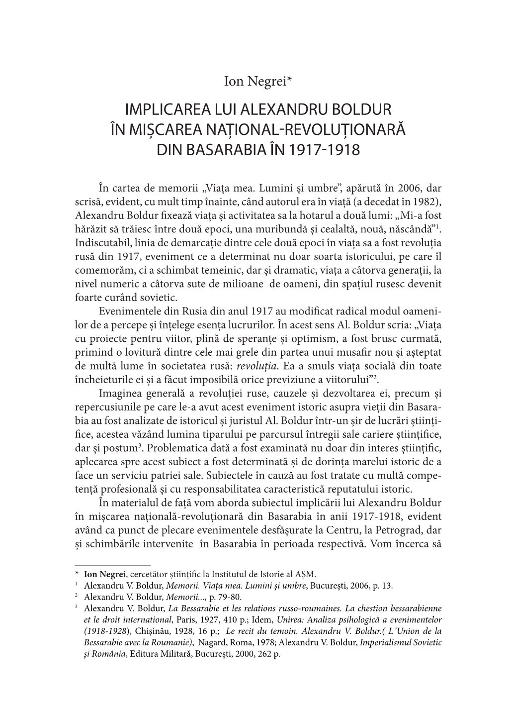 Implicarea Lui Alexandru Boldur În Mișcarea 27 Național-Revoluționară Din Basarabia În 1917-1918