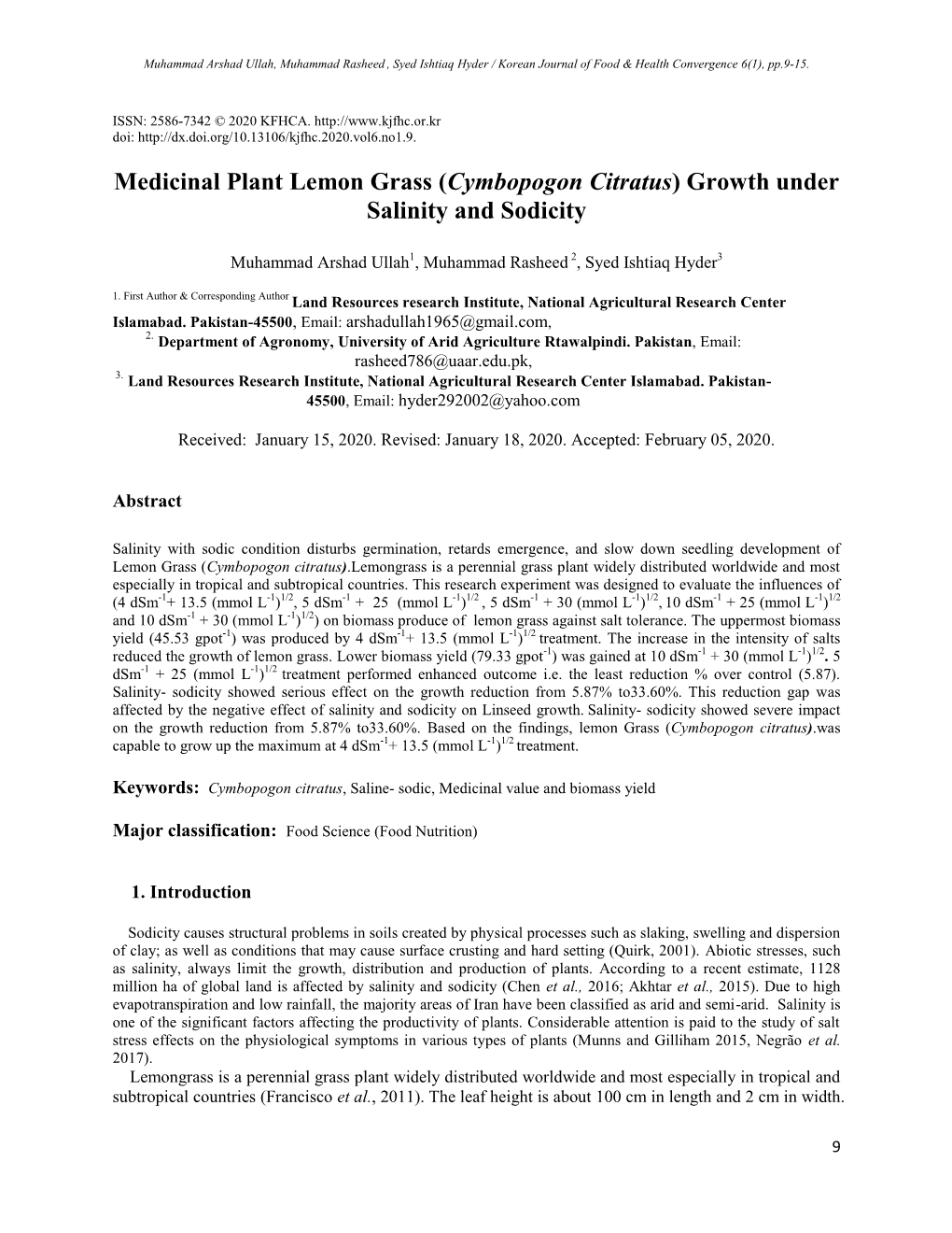 Medicinal Plant Lemon Grass (Cymbopogon Citratus) Growth Under Salinity and Sodicity