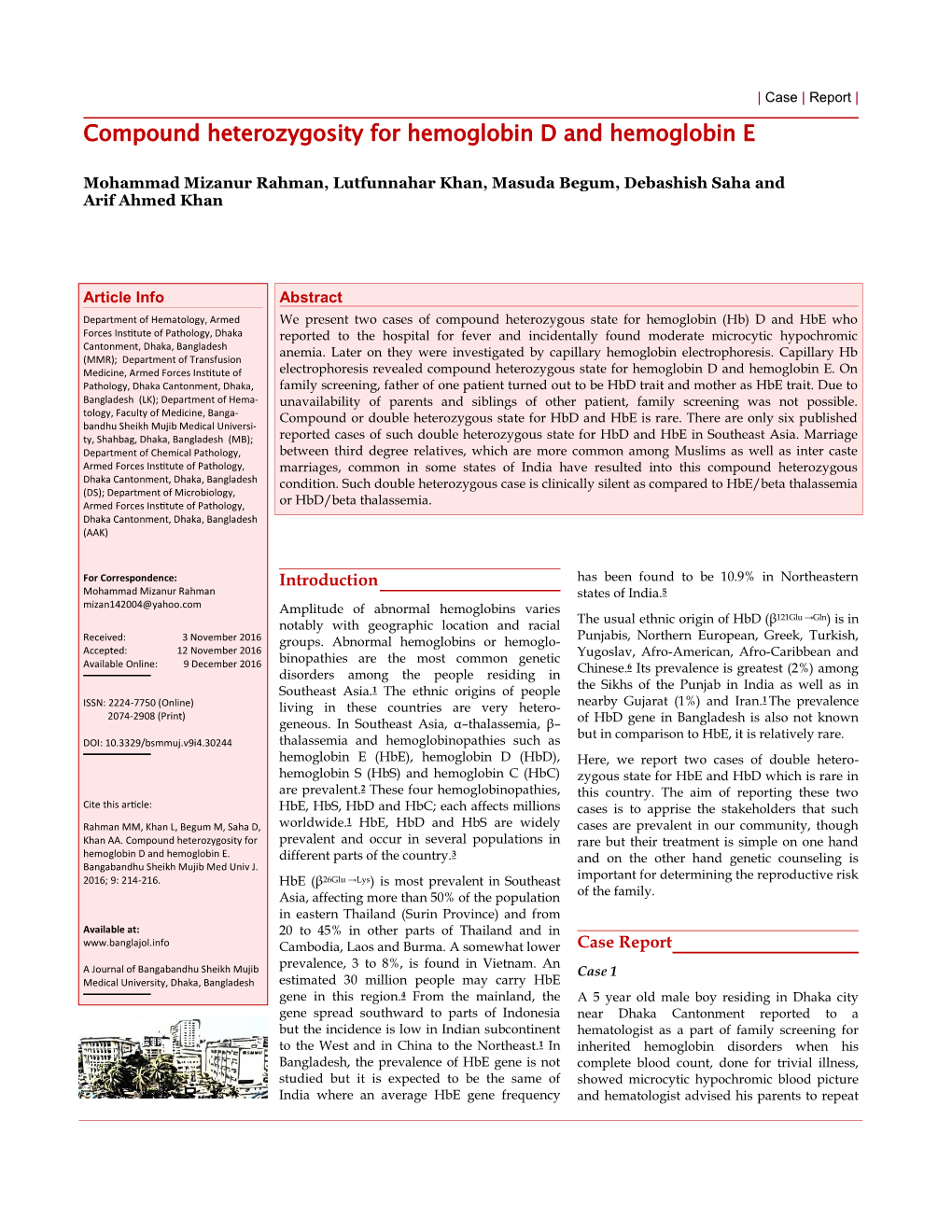 Compound Heterozygosity for Hemoglobin D and Hemoglobin E