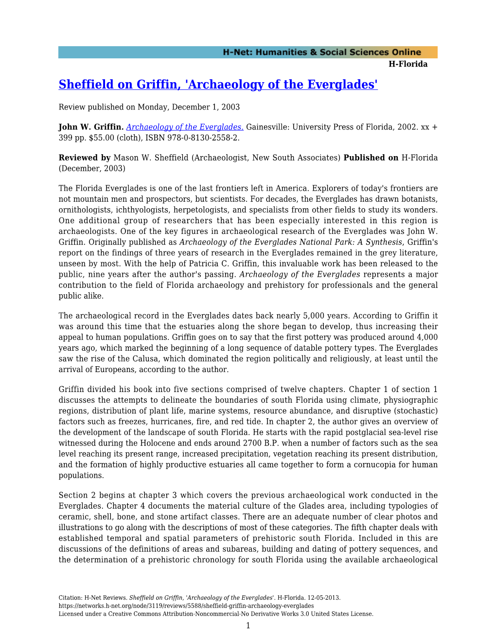 Sheffield on Griffin, 'Archaeology of the Everglades'