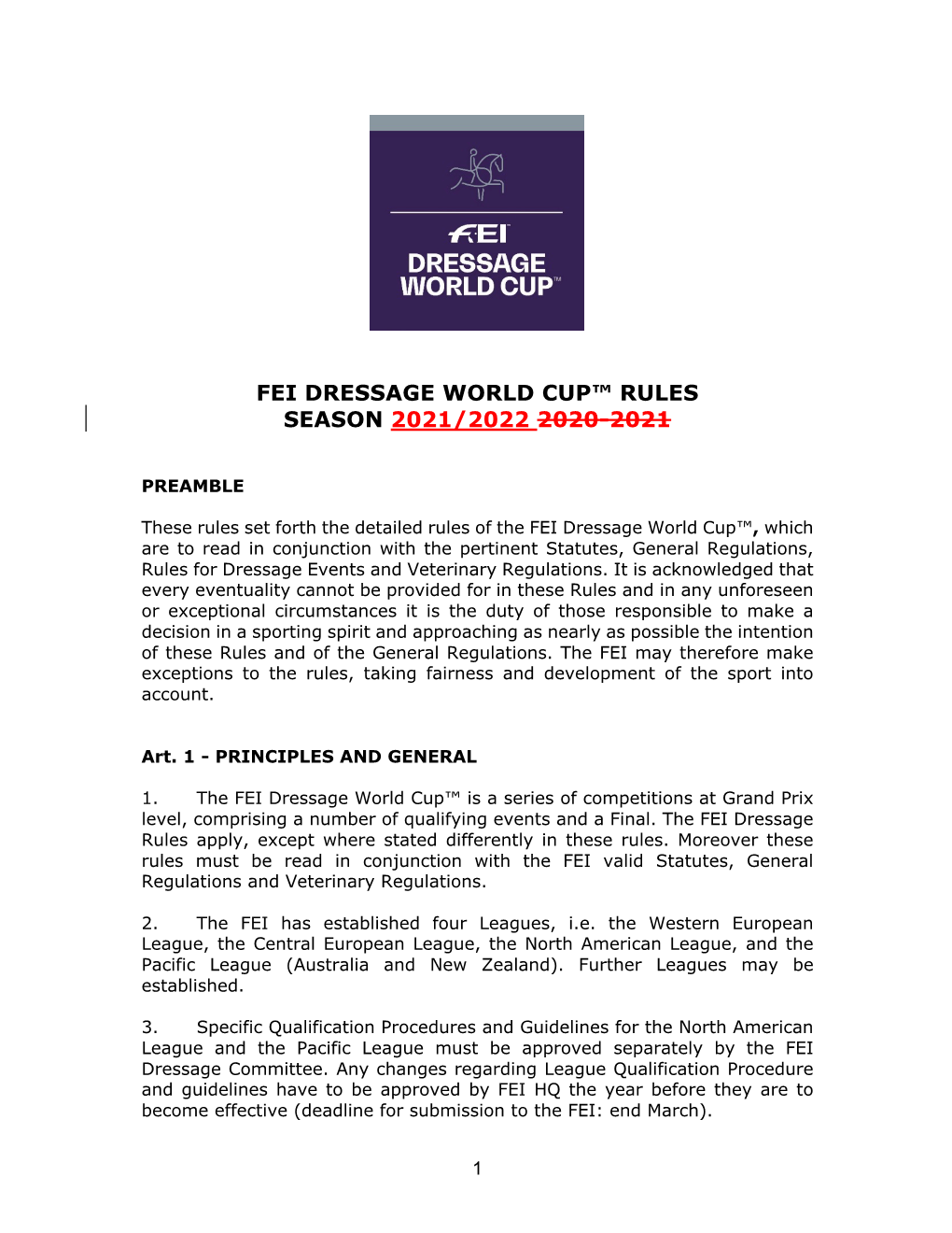 Fei Dressage World Cup™ Rules Season 2021/2022 2020-2021