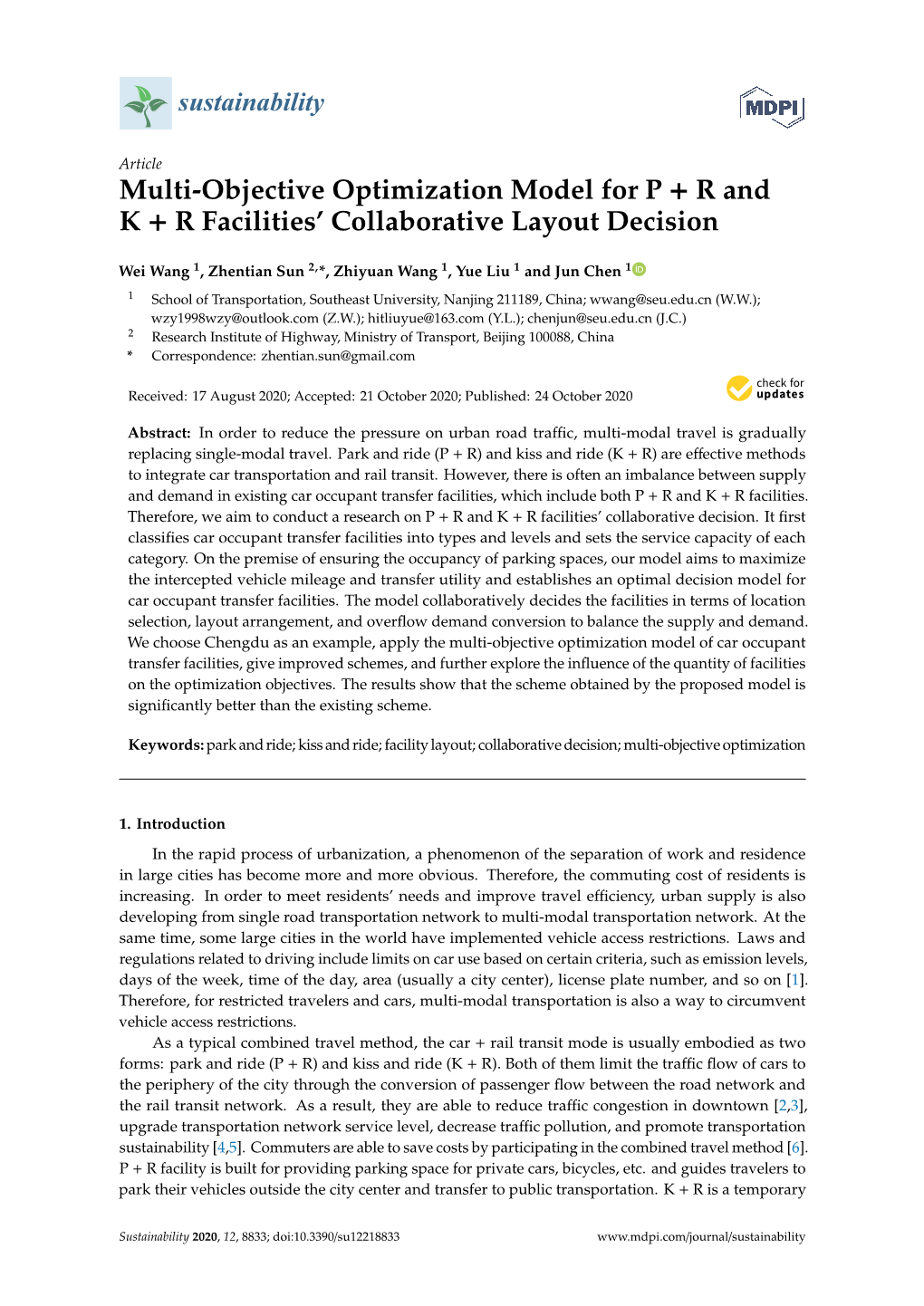 Multi-Objective Optimization Model for P + R and K + R Facilities’ Collaborative Layout Decision