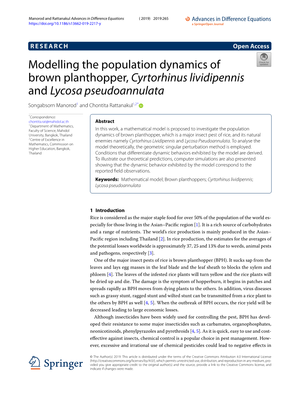 Modelling the Population Dynamics of Brown Planthopper, Cyrtorhinus Lividipennis and Lycosa Pseudoannulata