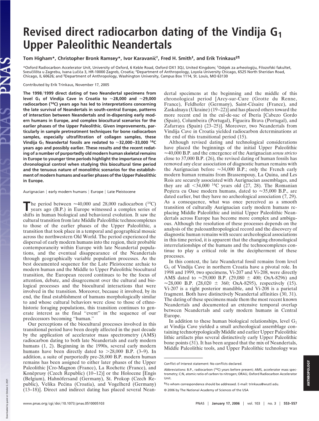 Revised Direct Radiocarbon Dating of the Vindija G1 Upper Paleolithic Neandertals