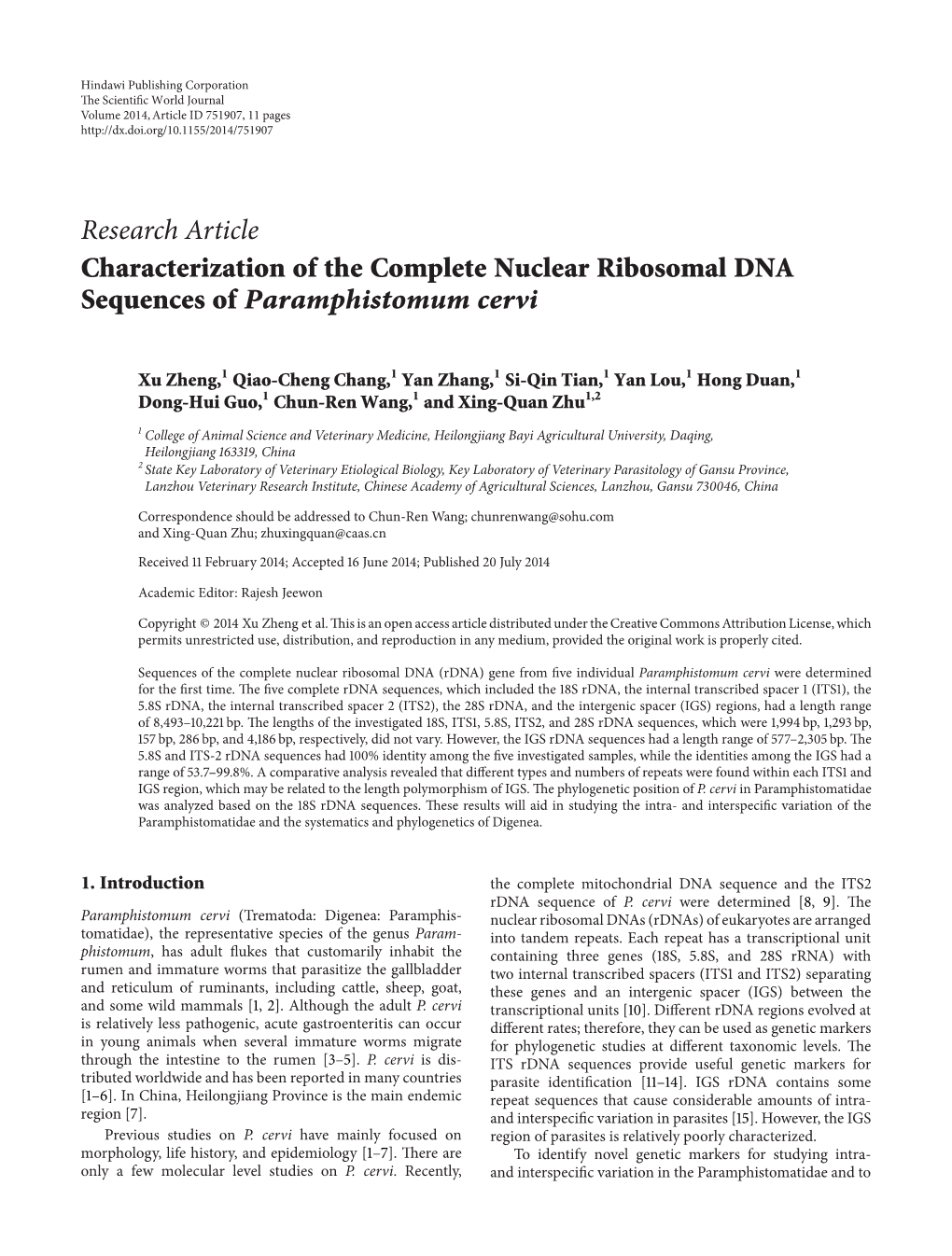 Characterization of the Complete Nuclear Ribosomal DNA Sequences of Paramphistomum Cervi