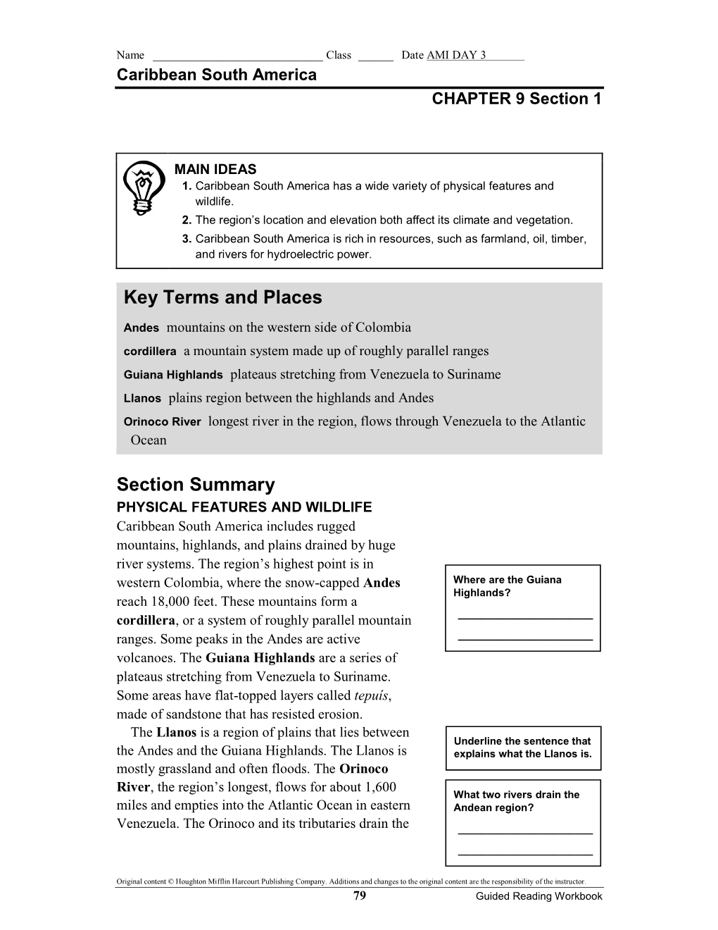 Caribbean South America CHAPTER 9 Section 1