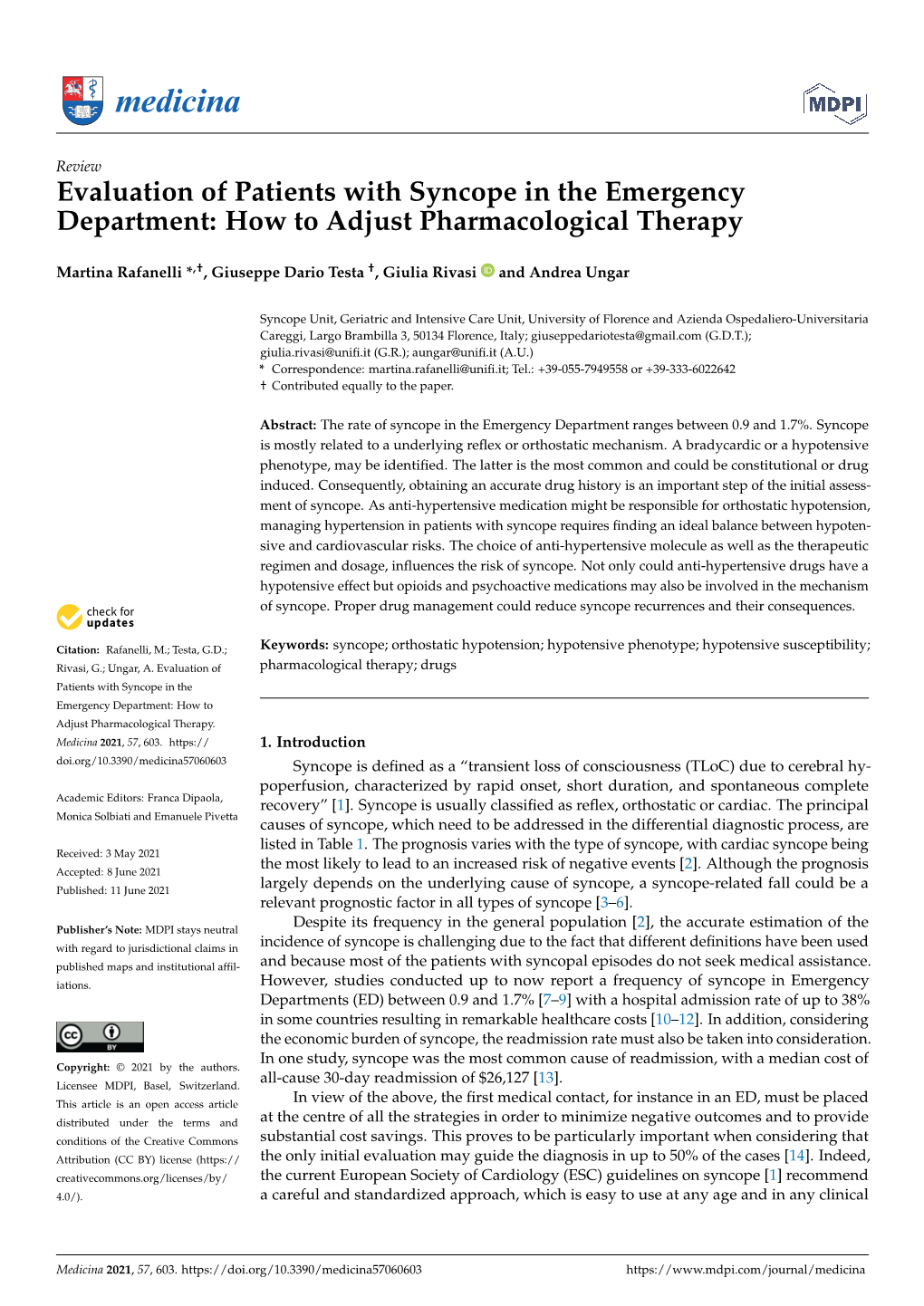 Evaluation of Patients with Syncope in the Emergency Department: How to Adjust Pharmacological Therapy