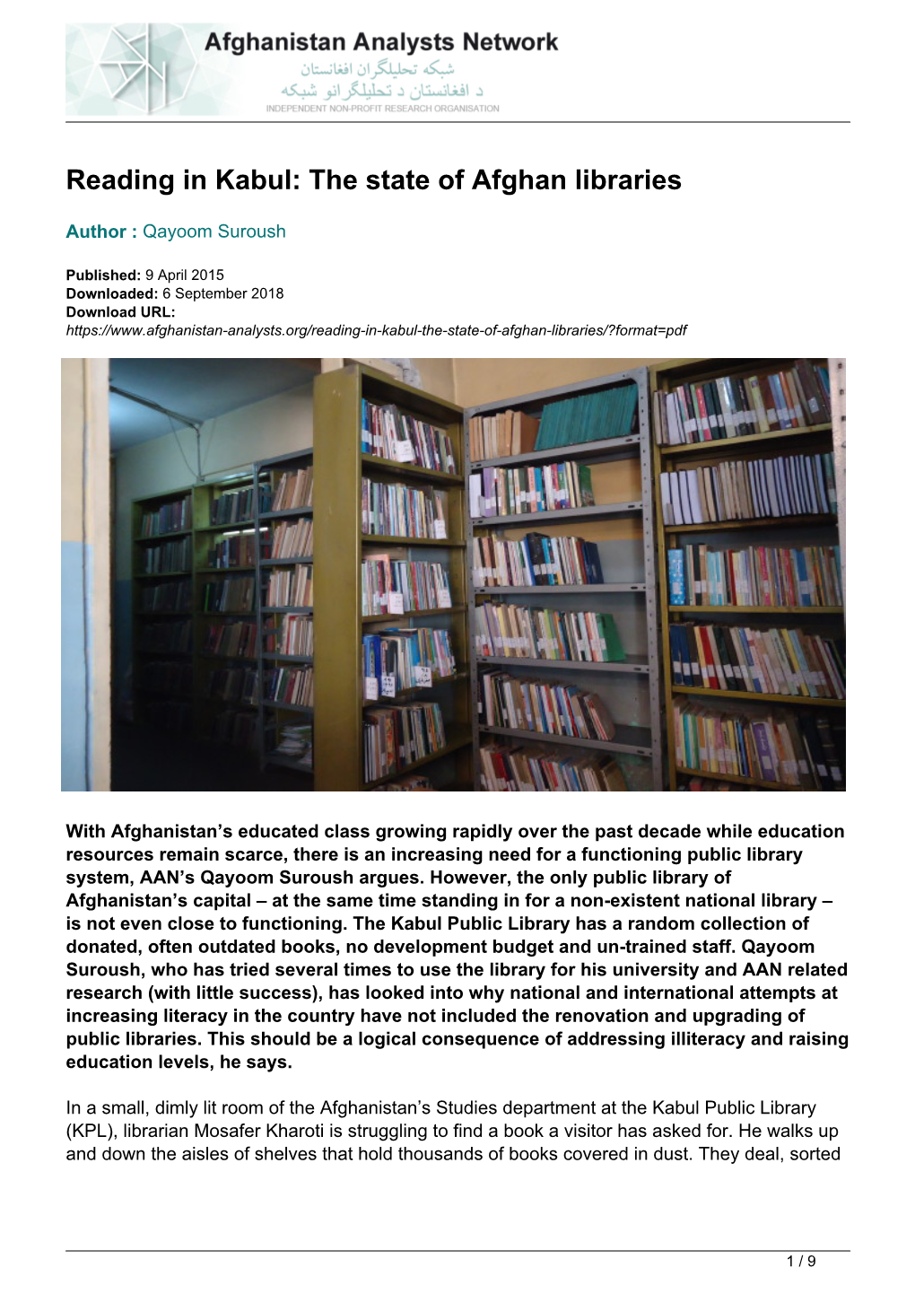 Reading in Kabul: the State of Afghan Libraries