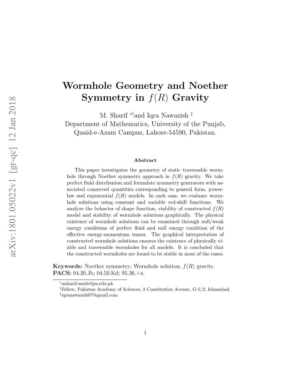 Wormhole Geometry and Noether Symmetry in F(R) Gravity