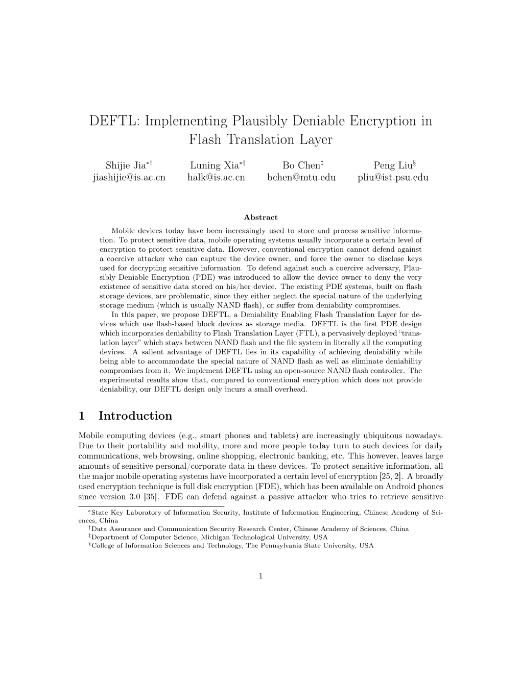 DEFTL: Implementing Plausibly Deniable Encryption in Flash Translation Layer