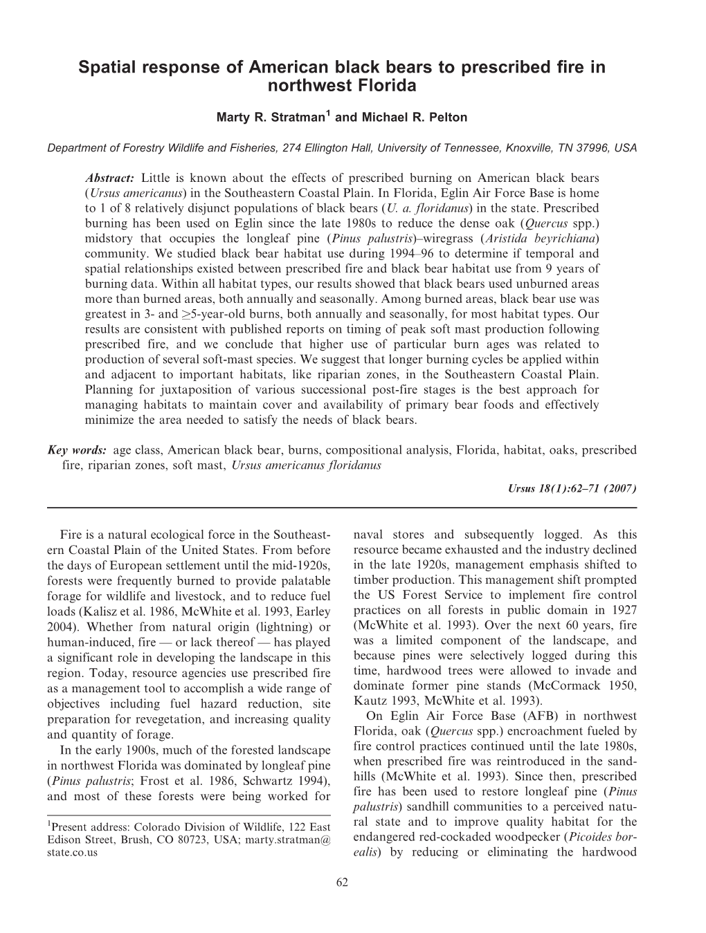 Spatial Response of American Black Bears to Prescribed Fire in Northwest Florida