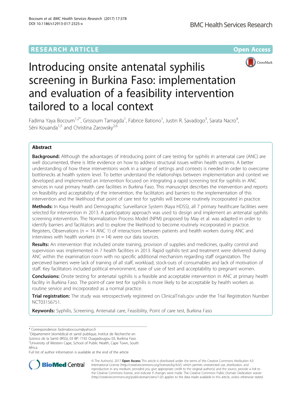 Introducing Onsite Antenatal Syphilis Screening in Burkina Faso