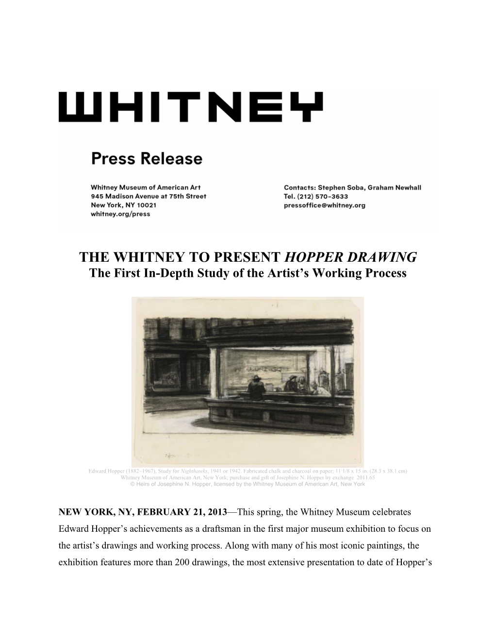 THE WHITNEY to PRESENT HOPPER DRAWING the First In-Depth Study of the Artist’S Working Process