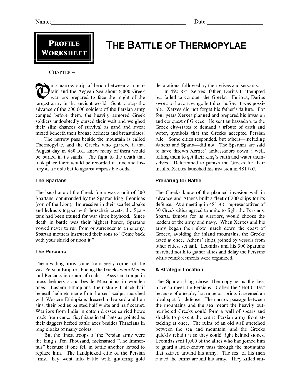 The Battle of Thermopylae Worksheet