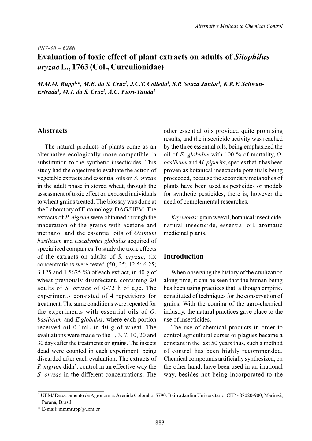 Evaluation of Toxic Effect of Plant Extracts on Adults of Sitophilus Oryzae L., 1763 (Col., Curculionidae)