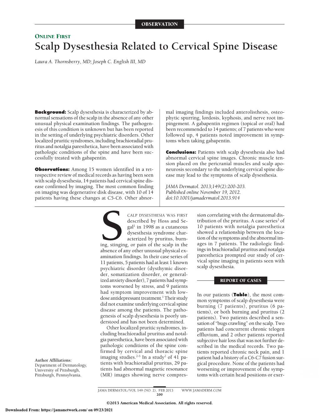 Scalp Dysesthesia Related to Cervical Spine Disease