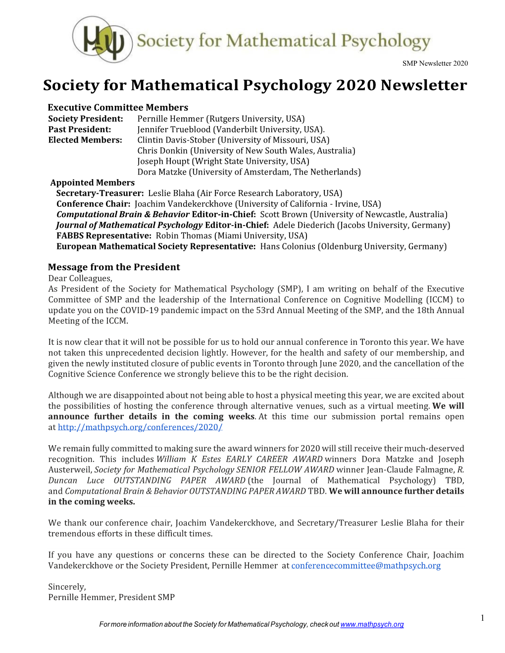 Society for Mathematical Psychology 2020 Newsletter