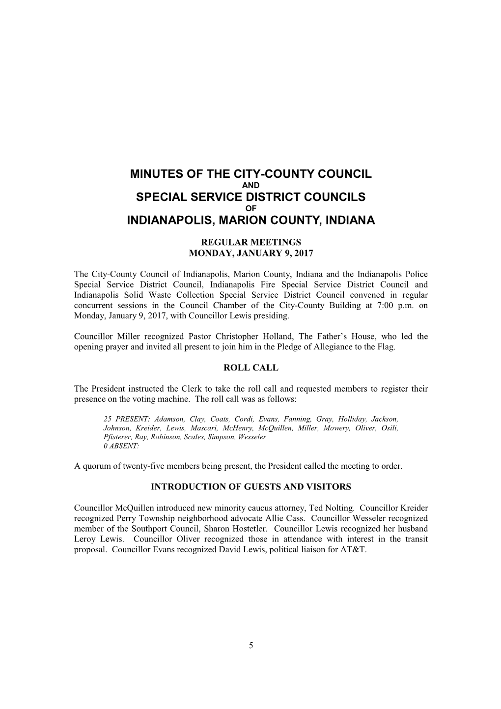 Minutes of the City-County Council Special Service District Councils Indianapolis, Marion County, Indiana