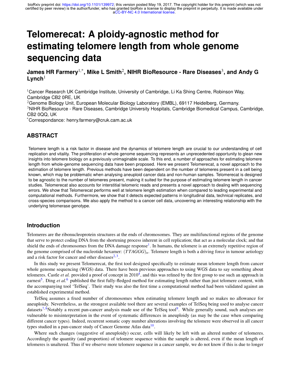 Telomerecat: a Ploidy-Agnostic Method for Estimating Telomere Length from Whole Genome Sequencing Data