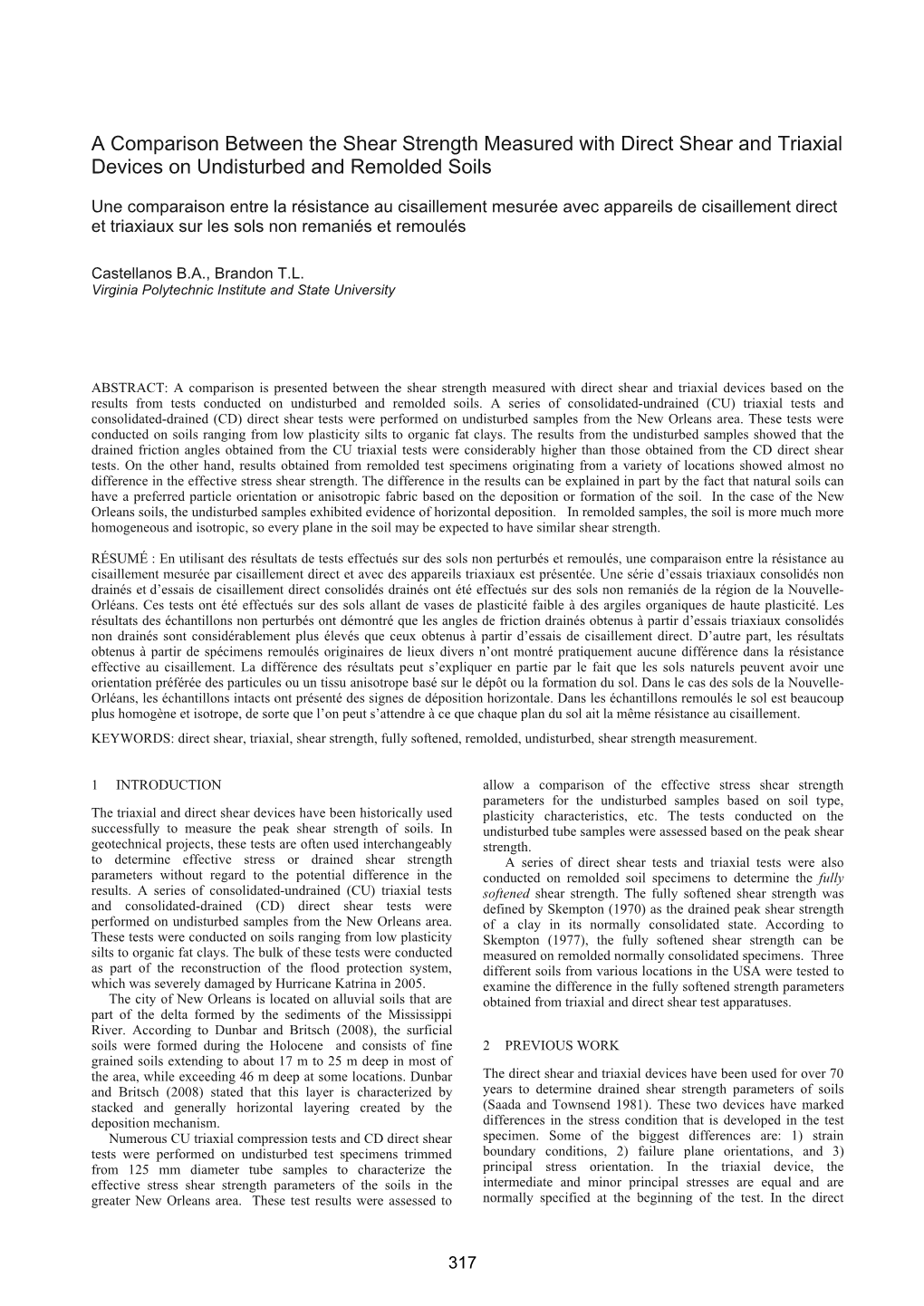 A Comparison Between the Shear Strength Measured with Direct Shear and Triaxial Devices on Undisturbed and Remolded Soils