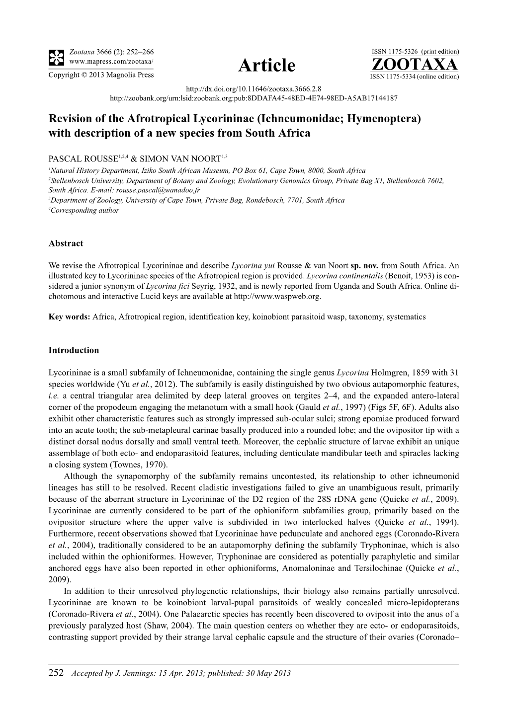 Revision of the Afrotropical Lycorininae (Ichneumonidae; Hymenoptera) with Description of a New Species from South Africa