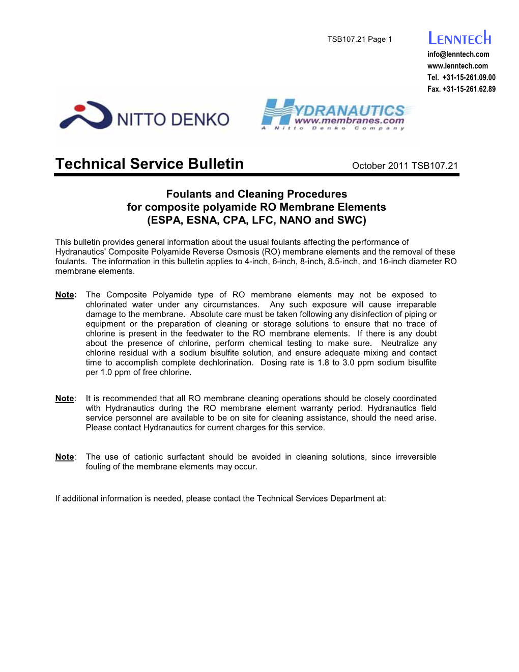 Foulants and Cleaning Procedures for Composite Polyamide RO Membrane Elements (ESPA, ESNA, CPA, LFC, NANO and SWC)