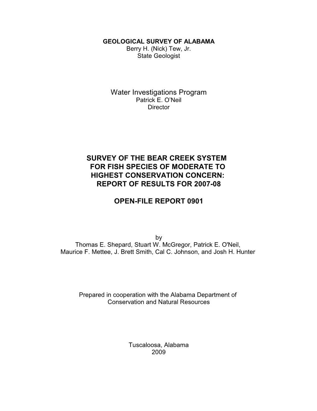 Bear Creek System for Fish Species of Moderate to Highest Conservation Concern: Report of Results for 2007-08