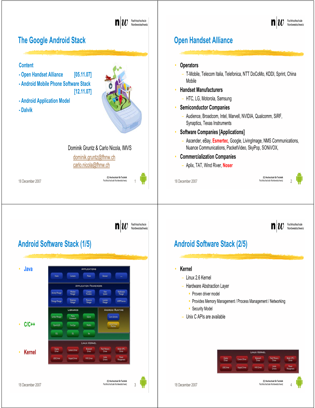 The Google Android Stack Open Handset Alliance Android Software Stack (1/5) Android Software Stack (2/5)