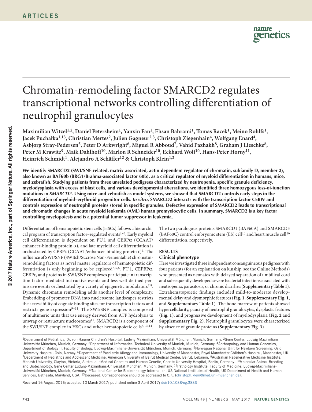Chromatin-Remodeling Factor SMARCD2 Regulates Transcriptional Networks Controlling Differentiation of Neutrophil Granulocytes