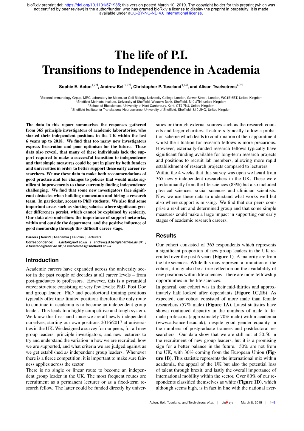 The Life of P.I. Transitions to Independence in Academia