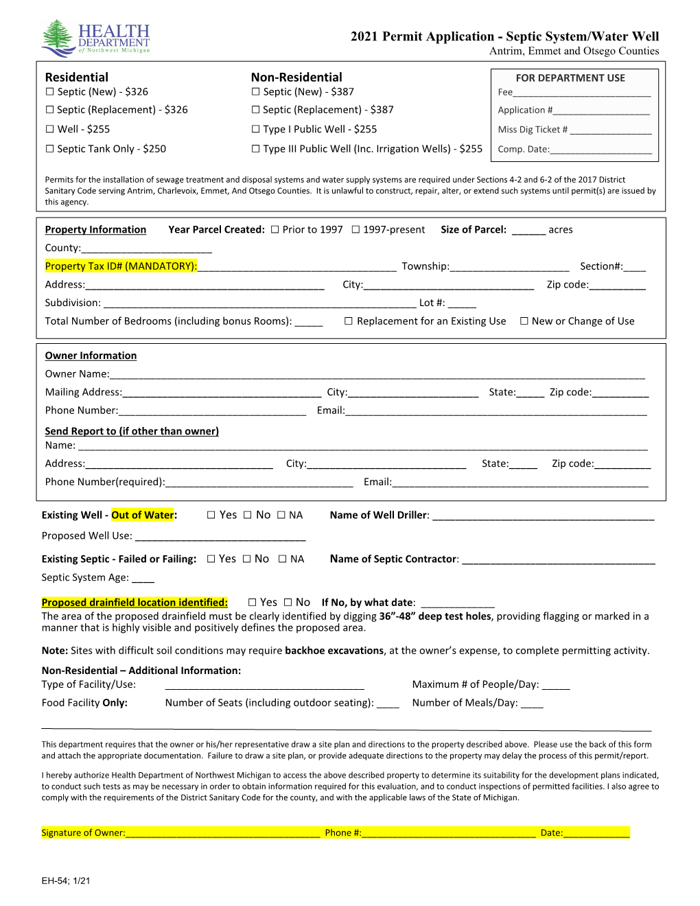 2021 Permit Application - Septic System/Water Well Antrim, Emmet and Otsego Counties