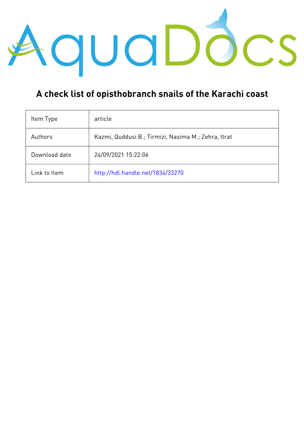 A Check List of Opisthobranch Snails of the Karachi Coast