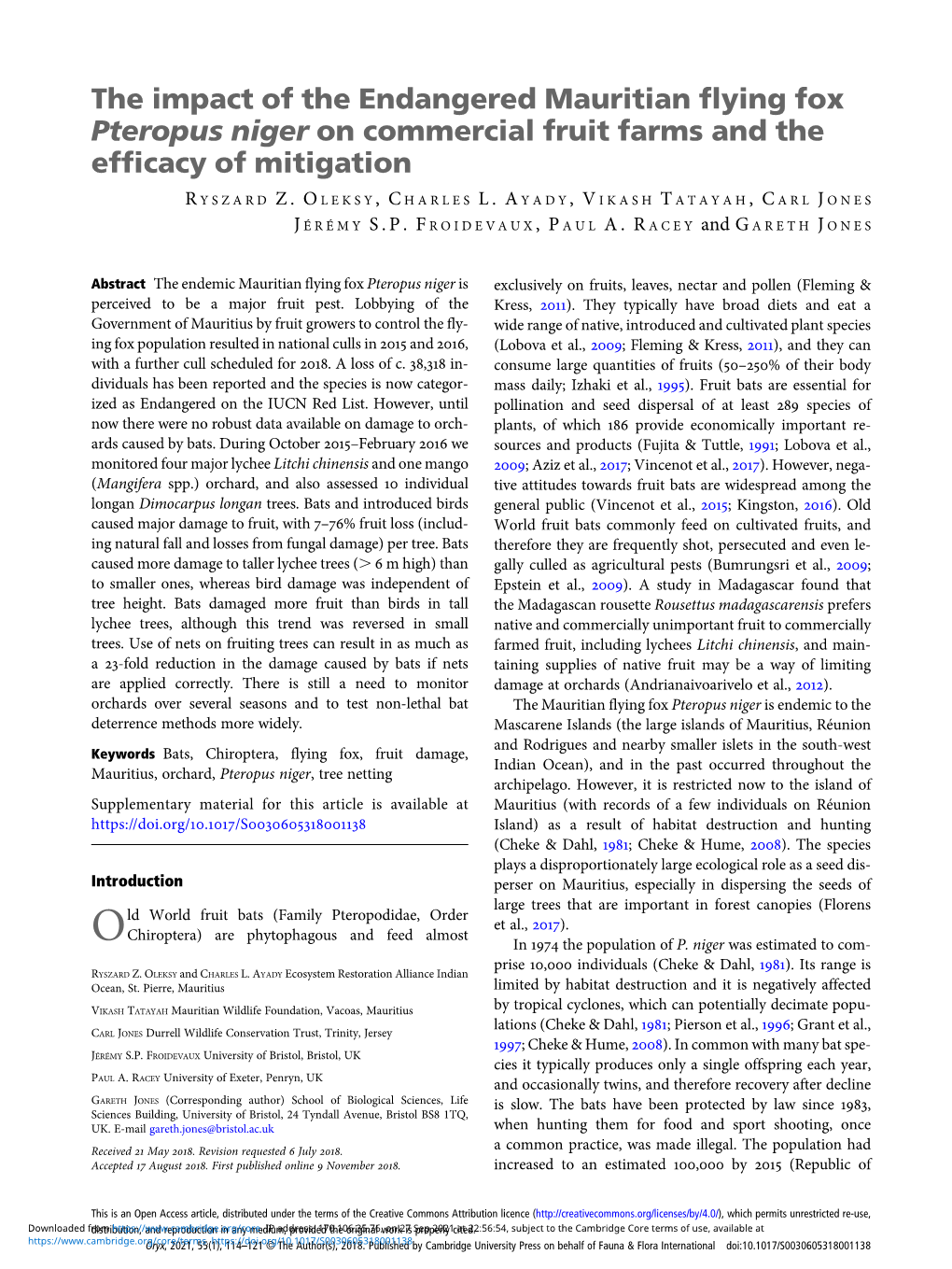 The Impact of the Endangered Mauritian Flying Fox Pteropus Niger on Commercial Fruit Farms and the Efficacy of Mitigation