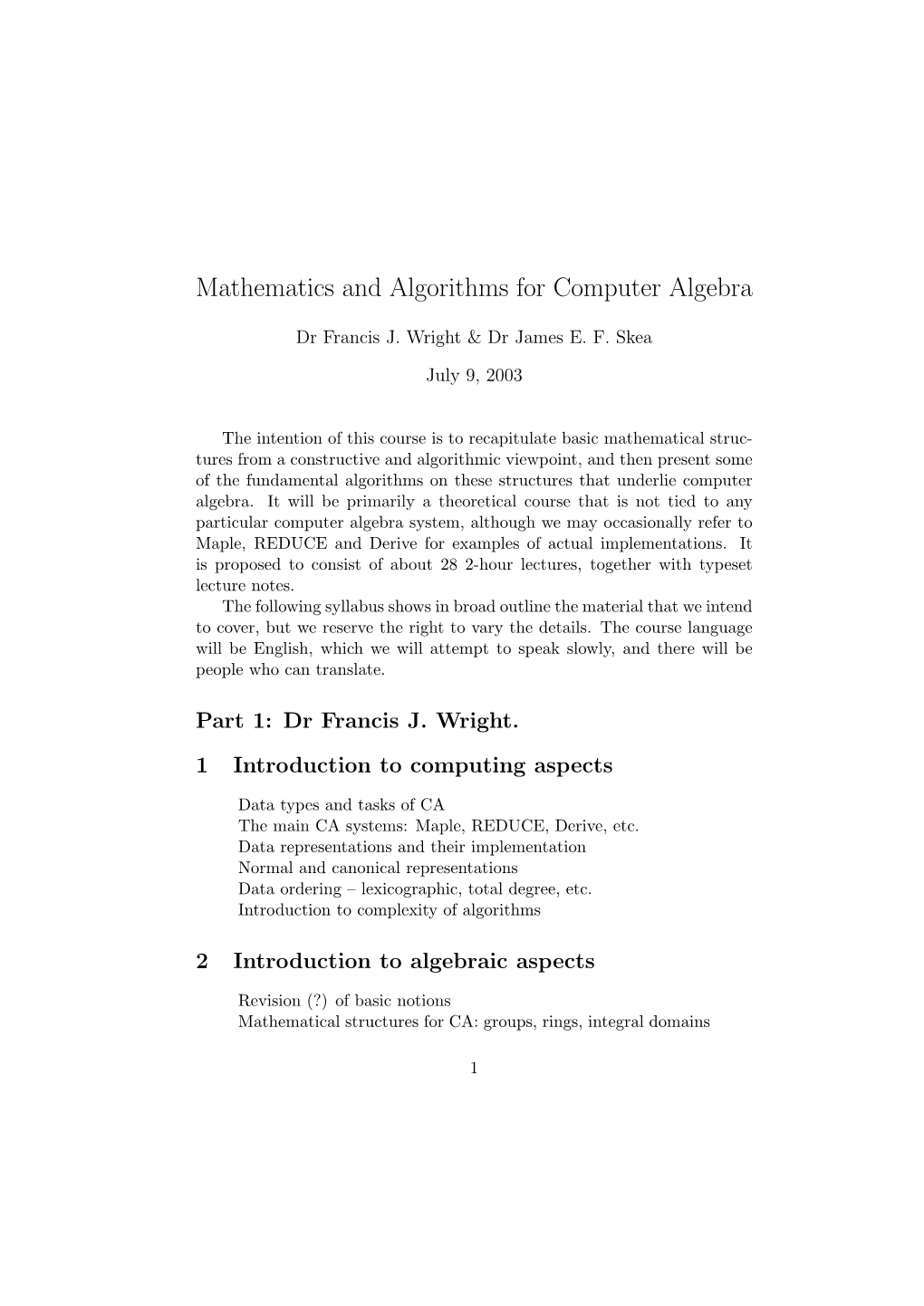 Mathematics and Algorithms for Computer Algebra