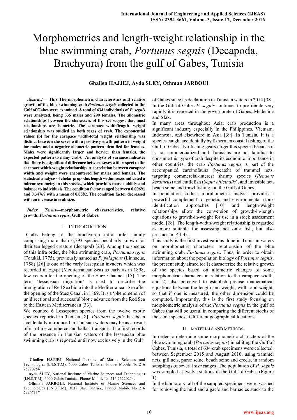 Morphometrics and Length-Weight Relationship in the Blue Swimming Crab, Portunus Segnis (Decapoda, Brachyura) from the Gulf of Gabes, Tunisia