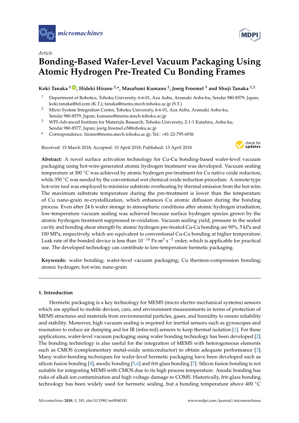 Bonding-Based Wafer-Level Vacuum Packaging Using Atomic Hydrogen Pre-Treated Cu Bonding Frames