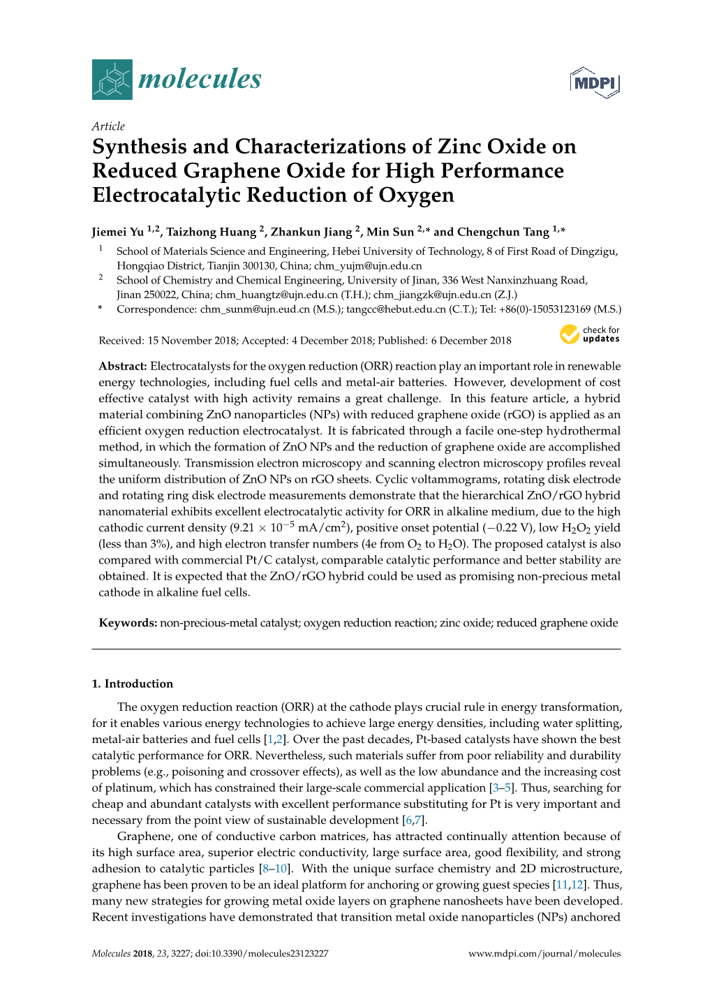 Synthesis and Characterizations of Zinc Oxide on Reduced Graphene Oxide for High Performance Electrocatalytic Reduction of Oxygen